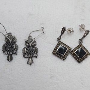 Two Pair of earrings: pewter owls & sterling square marcasite onyx drops